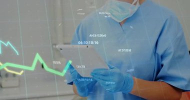Hastanedeki tablet kullanan beyaz kadın doktorla ilgili istatistiksel veri işleme animasyonu. Tıbbi sağlık teknolojisi kavramı