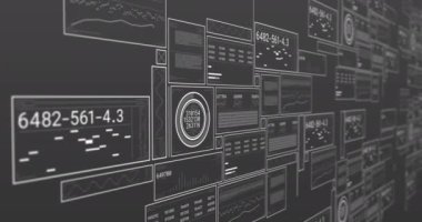 Element panel setleriyle hareket eden hud arayüz ekranlarının animasyonu. Dijital olarak üretilen hologram, sayı, grafik, kontrol, illüstrasyon, soyut, bilgi, veri, fütüristik ve teknoloji.