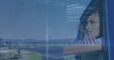 Grafik animasyonu, borsa, araba camından içeri esinti yapan Afro-Amerikan kadın. Bilgisayar dili, kompozit, rapor, iş dünyası, borsa, ikili kodlar, teknoloji.