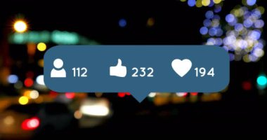 Profil, kalp ve simgelerin canlandırılması. Geceleri lens parlamaları üzerinde artan sayılara sahipler. Dijital bileşik, sosyal medya, pozitif, geri bildirim, sembol, ışık, parlaklık ve teknoloji kavramı.