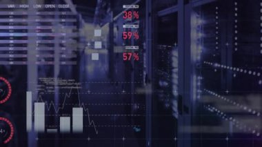 Bilgisayar sunucu odasındaki ışık noktalarının istatistik işleme animasyonları. Bilgisayar arayüzü ve iş veri depolama teknolojisi kavramı