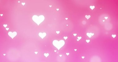 Aydınlanmış beyaz kalp şekillerinin pembe arka plana düşüşünün animasyonu. Dijital olarak üretilmiş, illüstrasyon, aşk, selamlama, buluşma, romantizm, sevgililer günü, kutlama konsepti.