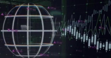 Küresel animasyon, birden fazla grafik, değişen numaralar ve veri sunucu odası üzerinden işlem panosu. Dijital bileşik, rapor, iş, büyüme, borsa, veri merkezi ve küreselleşme kavramı.