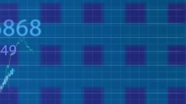 Çoklu grafik animasyonu ve soyut arkaplan karşısındaki kareler üzerinden değişen sayılar. Dijital olarak oluşturulmuş, hologram, illüstrasyon, rapor, rakamlar ve iş konsepti.