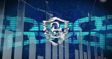 Grafikler ve ikili kodlarla kalkandaki asma kilit animasyonu birbirine bağlı noktaların üzerinde zincir oluşturuyor. Dijital olarak oluşturulmuş, kodlanmış, veri işleme, siber güvenlik, koruma, iş, rapor, teknoloji.