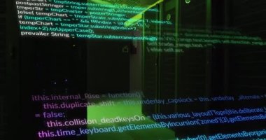 Veri sunucu sistemleri üzerinde hareket eden bilgisayar dillerinin animasyonu. Dijital bileşik, veri işleme, kodlama, ağ oluşturma, geleceksel, güvenlik, veri merkezi, ağ sunucusu, teknoloji.