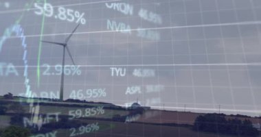 Gökyüzünün altındaki karada dönen yel değirmeninin üzerindeki grafiklerin ve alım satım tahtalarının animasyonu. Birleşiklik, ticaret, rapor, türbin, finans, güç arzı, elektrik, yenilenebilir, sürdürülebilir, yeşil teknoloji.