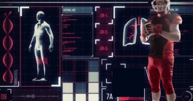 Kafkasyalı rugby oyuncusunun dijital insan akciğerlerine ve vücuduna kodlama yaptığı animasyon. Dijital bileşik, spor, rekabet, anatomi, sağlık, x-ray, bilim ve araştırma.