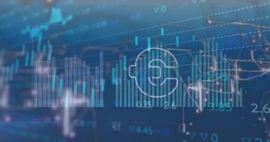 Avro sembolünün animasyonu, navigasyon deseni, birden fazla grafik ve mavi arkaplan üzerinde ticaret tahtası. Dijital olarak üretilmiş, hologram, para birimi, rapor, iş ve borsa kavramı.