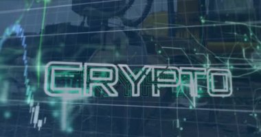 Grafik animasyonu, kripto metni hurdalıkta hareket eden vinç pençesinin üzerine. Dijital bileşik, çoklu pozlama, bankacılık, rapor, büyüme, çöp, iş ve teknoloji kavramı.