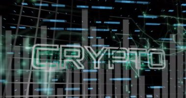 Çoklu grafikli şifreli para birimi animasyonu ve siyah arkaplan üzerinde değişen numaralar. Dijital olarak üretilen hologram, illüstrasyon, rapor, bankacılık, iş, büyüme ve teknoloji kavramı.
