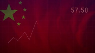 Değişen numaralarla grafiğin animasyonu ve Çin bayrağını sallayan şebeke deseni. Dijital bileşik, çoklu pozlama, rapor, iş, üç boyutlu, hükümet ve vatanseverlik kavramı.