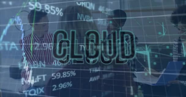 Animación Texto Nube Nube Gráficos Tablero Comercio Diversos Compañeros Trabajo — Vídeo de stock