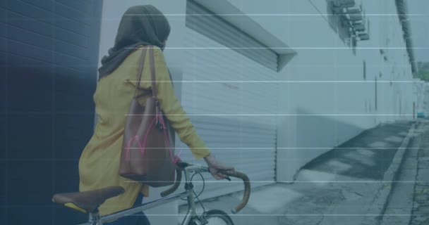 Animering Statistiska Data Bearbetning Över Biracial Kvinna Hijab Med Cykel — Stockvideo