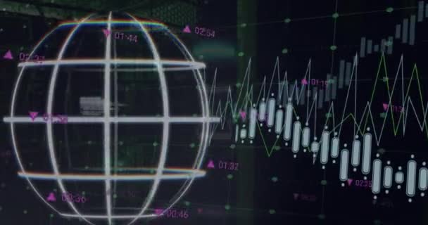 世界のアニメーション データサーバールーム上の数字と取引ボードを変更する複数のグラフ デジタルコンポジット レポート ビジネス 株式市場 データセンター グローバル化コンセプト — ストック動画