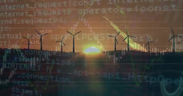 Animation Graphs Computer Language Silhouette Windmills Spinning Land Sunset Digital — Stock Video