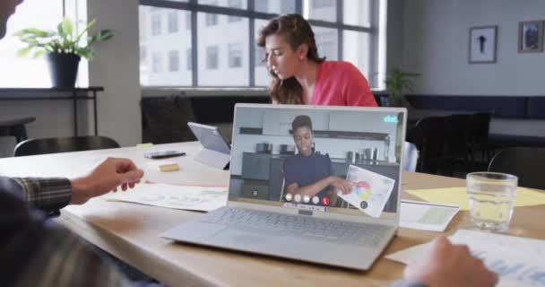 Caucasian Businessman Laptop Video Call African American Female Colleague Screen — Stock Video