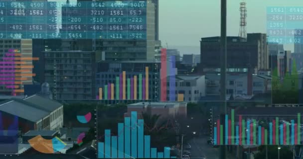 Animation Multicolored Graphs Number Charts Modern Buildings Sky Digital Composite — Stock Video