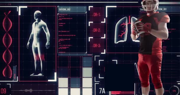用编码器在人的肺脏和身体上进行卡氏橄榄球手持球动作的动画 数码复合材料 科学和研究 — 图库视频影像