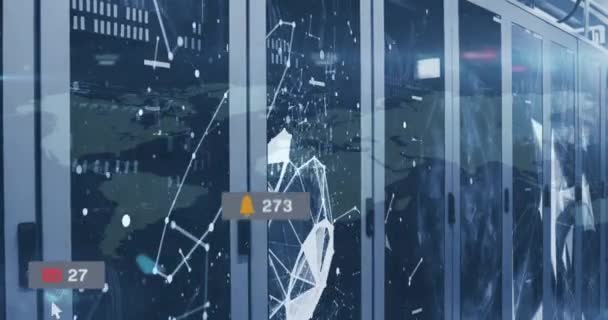 Animatie Van Notificatie Bars Aangesloten Stippen Globes Data Server Room — Stockvideo