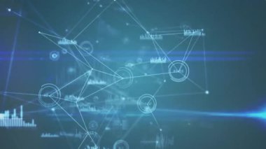 Bağlantılar ağının animasyonu, veri işleme ve mavi arkaplan üzerinde ışık izleri. Küresel ağ ve iş teknolojisi kavramı