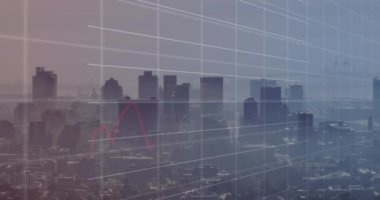 Şehir manzarasının havadan görüntüsüne karşı istatistiksel veri işleme animasyonu. Bilgisayar arayüzü ve iş veri teknolojisi kavramı