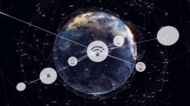 Siyah arkaplana karşı dönen dünya üzerinde dijital simge ağının animasyonu. Küresel ağ ve iş teknolojisi kavramı