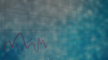 Mavi gradyan dokulu arka plana karşı ızgara ağı üzerinden istatistiksel veri işleme animasyonu. Bilgisayar arayüzü ve iş veri teknolojisi kavramı