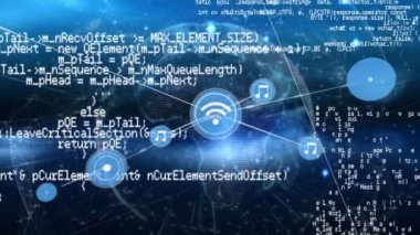 Mavi zemin üzerinde dönen dünya üzerinde dijital simge ve veri işleme ağının animasyonu. Küresel ağ ve iş teknolojisi kavramı