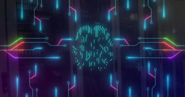 Sunucu odasındaki veri sunucu sistemlerinde devre kartı desenli beynin animasyonu. Dijital bileşik, yapay zeka, ağ güvenliği, veri merkezi, ağ oluşturma ve ağ sunucu kavramı.