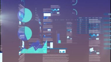 İstatistiksel veri işleme ile arayüzün canlandırılması ve mor gradyan arkaplandaki ışık noktası. Bilgisayar arayüzü ve iş veri teknolojisi kavramı