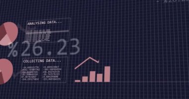 Siyah arkaplana karşı ızgara ağı üzerinden istatistiksel veri işleme arayüzü animasyonu. Bilgisayar arayüzü ve iş veri teknolojisi kavramı