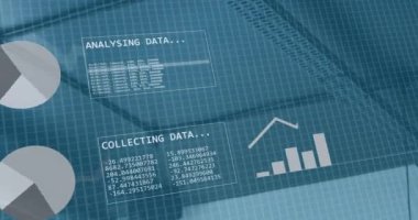 Grafiklerin animasyonu, değişen numaralar, güvenlik kamerası ve ofis tavanı üzerindeki ikili kodlar. Dijital bileşik, çoklu pozlama, rapor, iş, büyüme ve teknoloji kavramı.