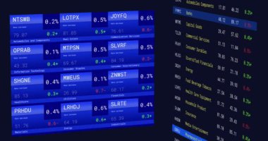 Hisse senedi borsası veri işleme animasyonunun kara arka planla karşılaştırılması. Küresel ekonomi ve iş veri teknolojisi kavramı