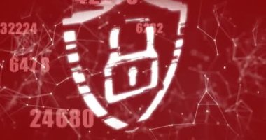 Çoklu değişen numaraların animasyonu, bağlantı ağı, kırmızı arkaplanda güvenlik kilidi. Siber güvenlik ve iş teknolojisi kavramı