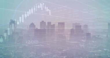Animation of financial data processing against aerial view of cityscape. Global finance and business technology concept