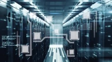 Bilgisayar sunucu odasına karşı veri işleme ve mozaik karelerin animasyonu. Bilgisayar arayüzü ve iş veri depolama teknolojisi kavramı