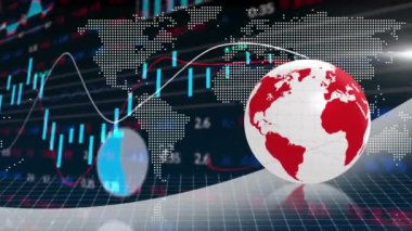 Dönen dünya ve dünya haritası üzerinde istatistiksel ve borsa veri işleme animasyonu. Küresel ekonomi ve iş veri teknolojisi kavramı