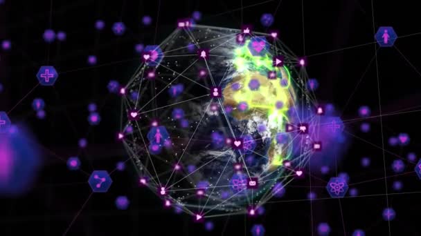 Animação Rede Ícones Digitais Trilhas Luz Verde Sobre Globo Giratório — Vídeo de Stock