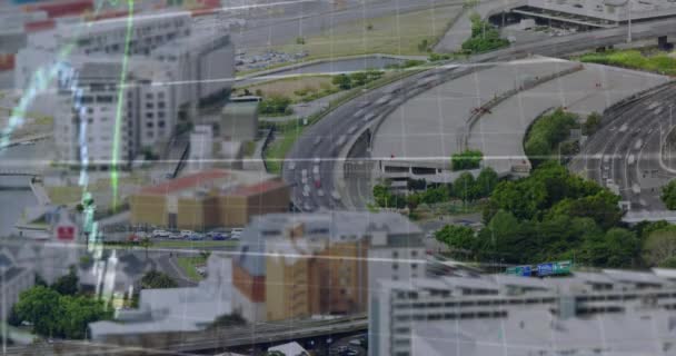 Animation Financial Data Processing Aerial View Time Lapse City Traffic — Stock Video