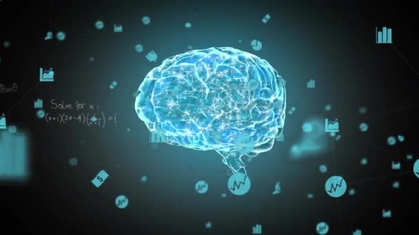 人間の脳のアイコンを回転させることに関するデジタルアイコンと数学の方程式のネットワークのアニメーション 医学研究 科学技術コンセプト — ストック動画