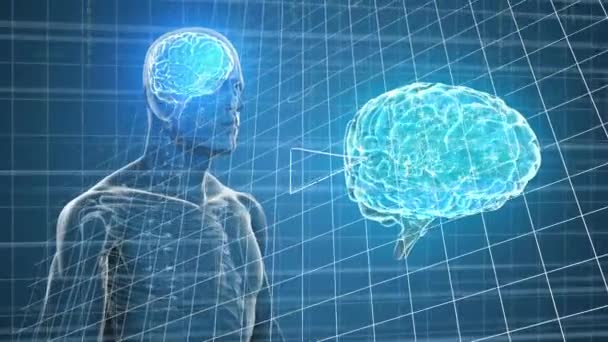 人間の身体モデルと脳を回転させるデータ処理と数学の方程式のアニメーション 医学研究 科学技術コンセプト — ストック動画