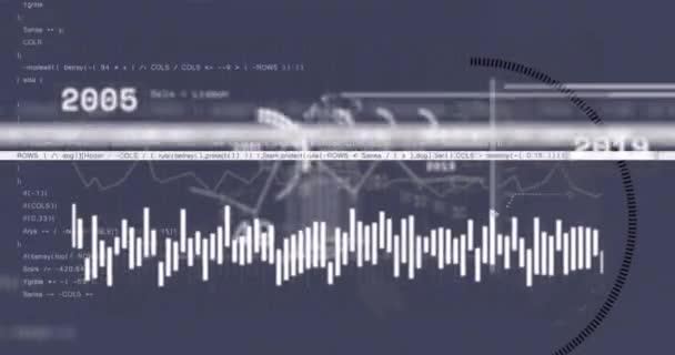 グレーの背景に対して 統計データ処理と回転グローブのアニメーション コンピュータインターフェースとビジネスデータ技術のコンセプト — ストック動画
