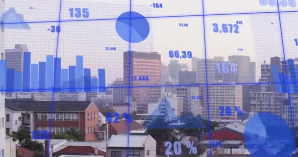Animación Múltiples Gráficos Con Números Cambiantes Sobre Niebla Cubrió Ciudad — Vídeos de Stock