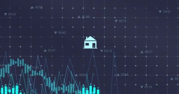 Анімація Декількох Цифрових Піктограм Обробка Даних Через Мережу Сіток Синьому — стокове відео
