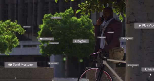 Animation Social Media Icons African American Man Talking Smartphone Street — Αρχείο Βίντεο