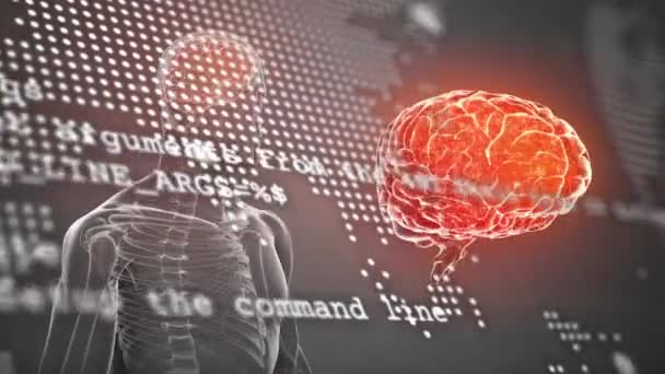 Animering Världskarta Databehandling Över Människokroppen Modell Och Hjärnan Snurrar Blå — Stockvideo