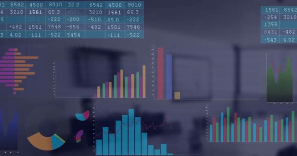 Statisztikai Adatfeldolgozással Való Interfész Animációja Üres Irodával Szemben Számítógépes Interfész — Stock videók