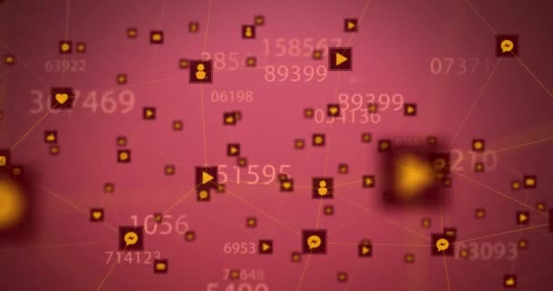 ピンクの背景に対するデジタルアイコンの複数の変化する数字とネットワークのアニメーション グローバルネットワーキングとビジネス技術コンセプト — ストック動画