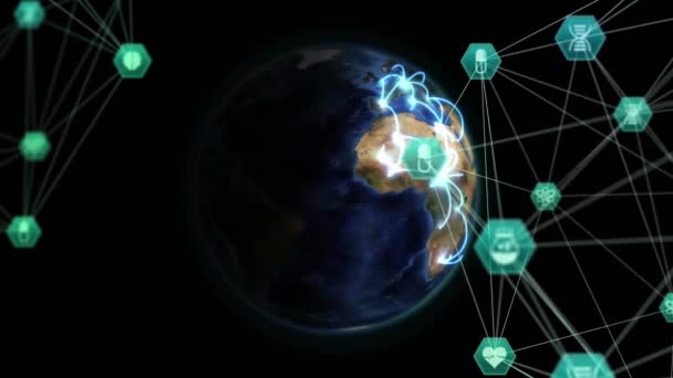 Анимация Сети Медицинских Икон Синих Световых Следов Вращающемуся Земному Шару — стоковое видео